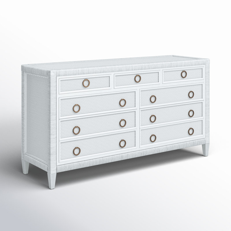Warwick 9 Drawer Wicker Dresser, Frost White, Satin Brass