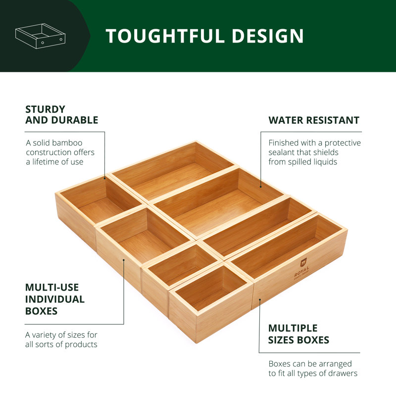 Luxury Bamboo Storage Box, Bin Set - Multi-Use Drawer Organizer (Set Of 8)
