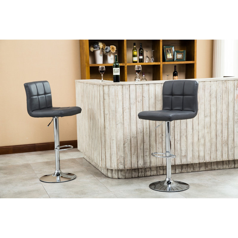 De 2 tabourets de bar hydrauliques en similicuir gris avec tour à 360 degrés et base, paire de tabourets pivotants - cuir, hauteur réglable chromée, pivotant, mousse confortable