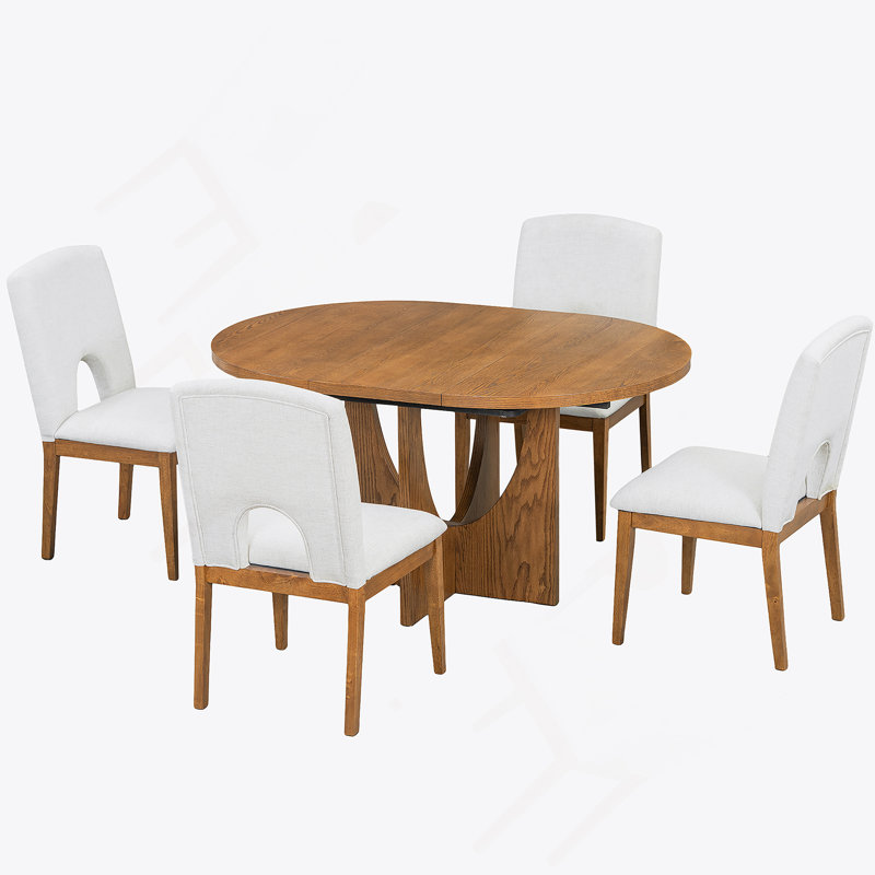 Ensemble de table de salle à manger extensible 5 pièces avec rallonge amovible pour petits espaces, Noyer, Noyer / beige