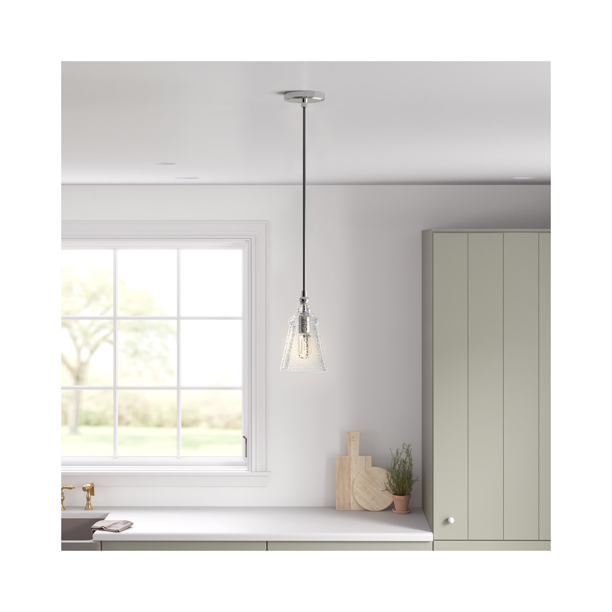 Levine Single Light Glass Steel Dimmable Pendant, Chrome