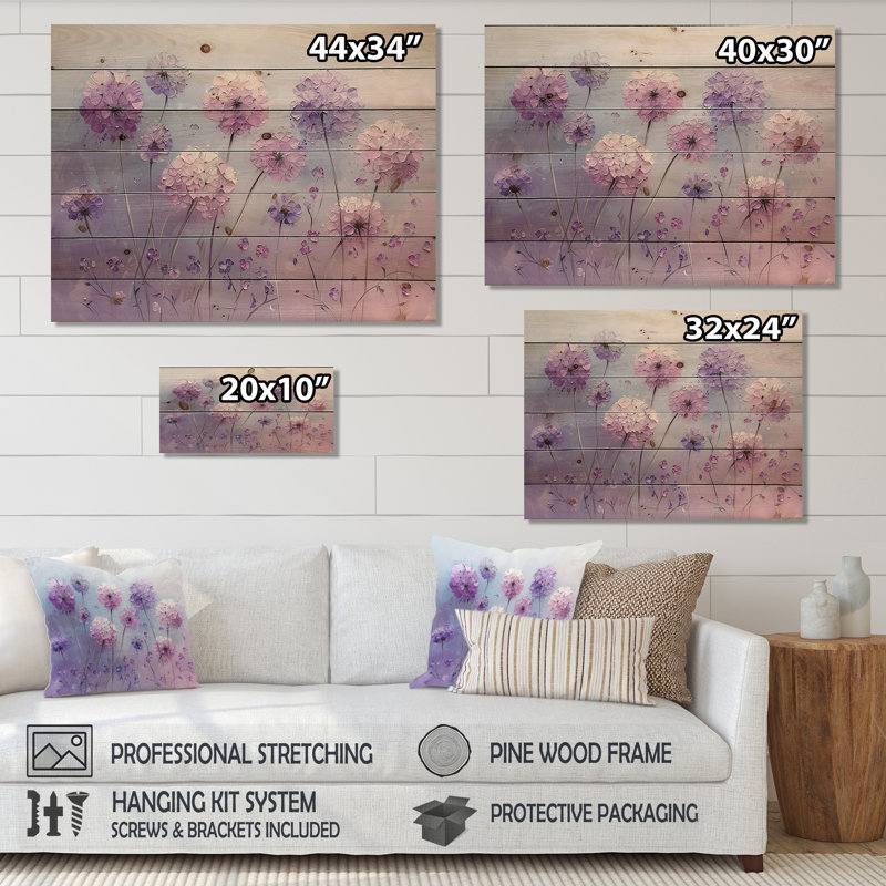 Lavand Dandelion Winter Field I - Art mural en bois de pissenlit - sur bois de pin naturel, H 30 po x l 40 po x P 0,78 po