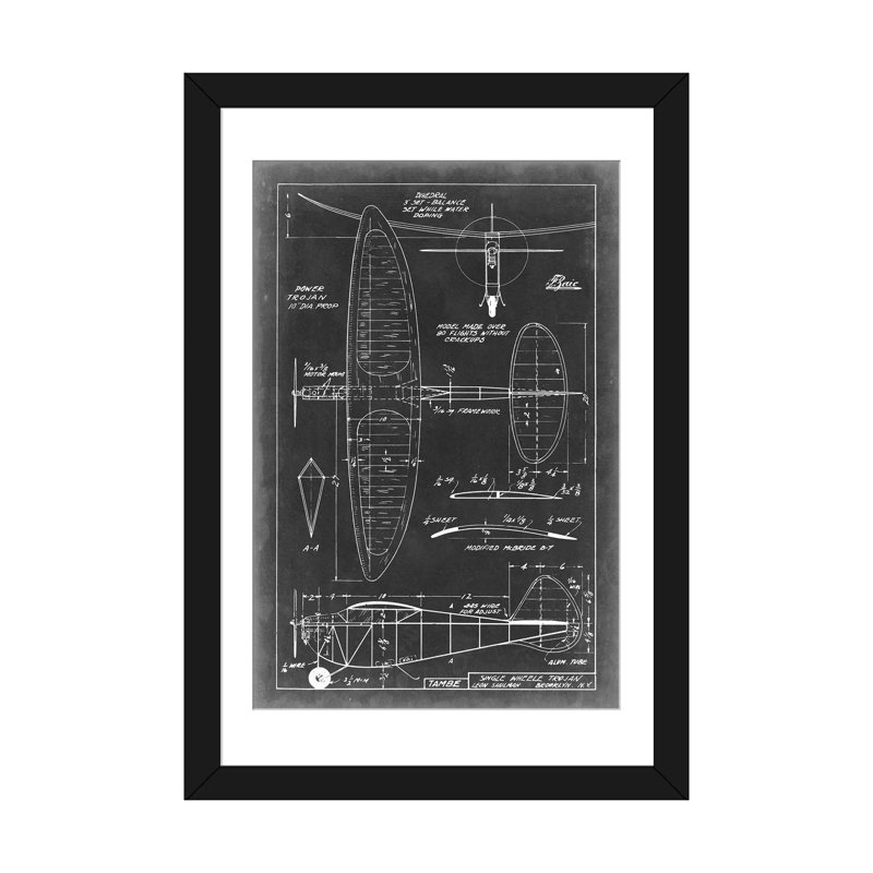« aeronautic blueprint i », reproduction d’art sur toile tendue, H 32 po x l 24 po x P 1 po, Papier avec cadre noir, Blanc