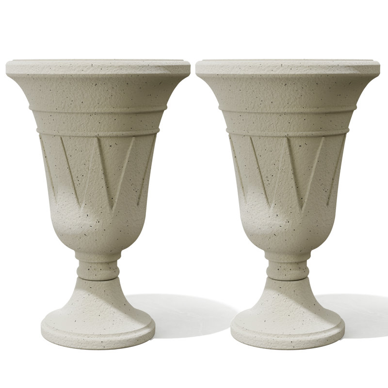 2-Pack Trophy Shaped Pedestal Planters, 23.6" Tall Outdoor Urn Flower Pots With Solid Base, Elegant Pattern, Weather-Resistant HDPE