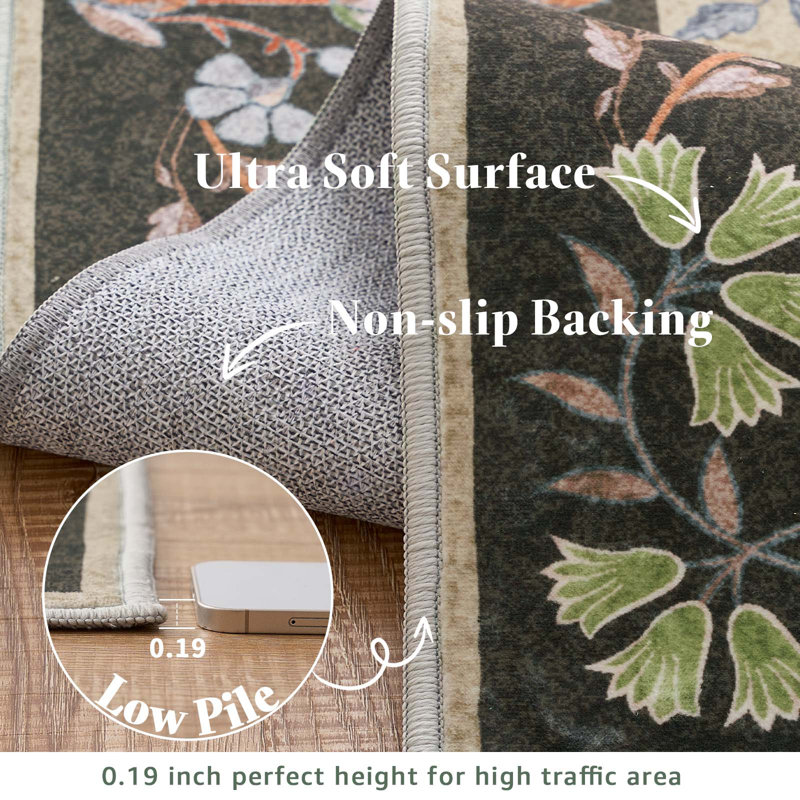 Floral Machine Washable Area Rug, Black, Runner 2' x 6'