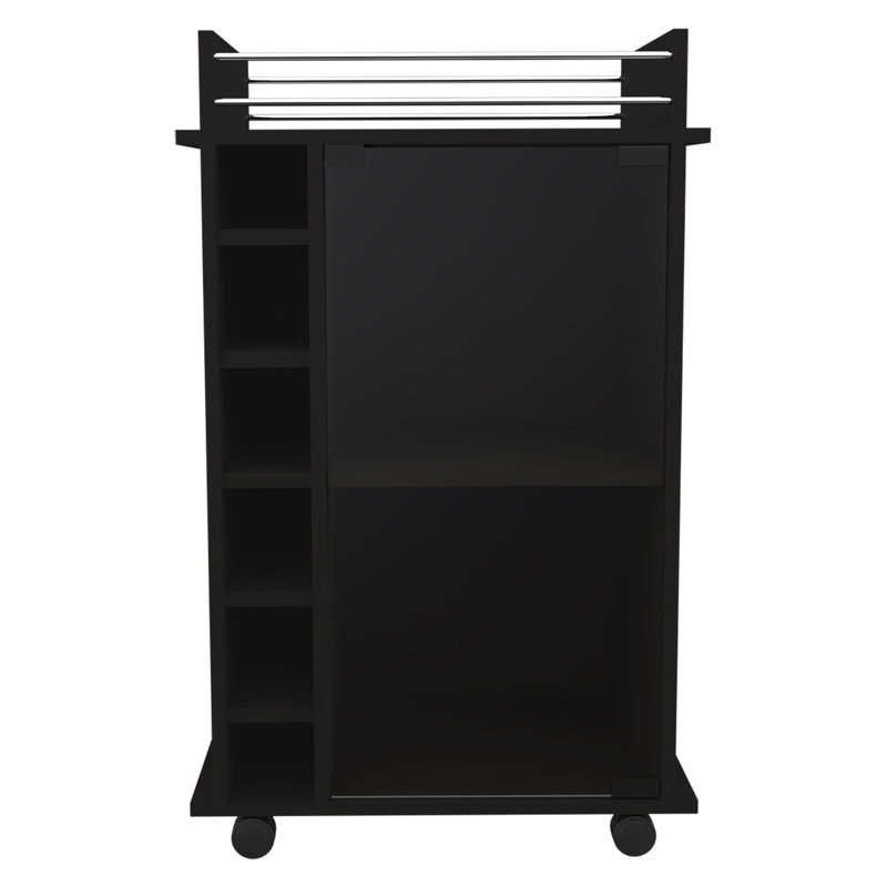 Dukat 2-Shelf Glass Door Bar Cart with Six Wine Cubbies, Black
