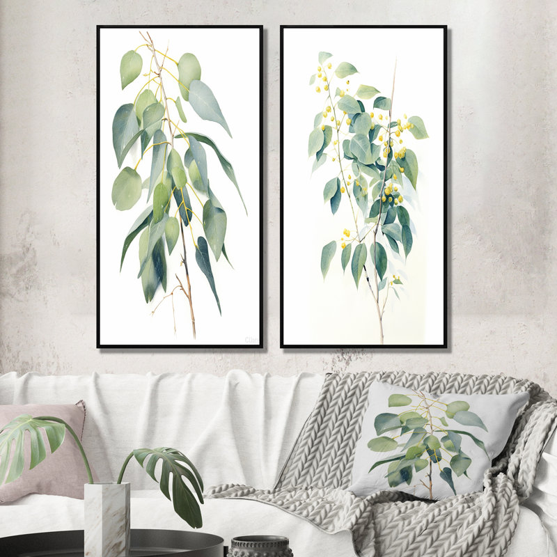"Minimalisme eucalyptus", 2 pièces sur toile, Cadre noir, H 40 po x l 40 po
