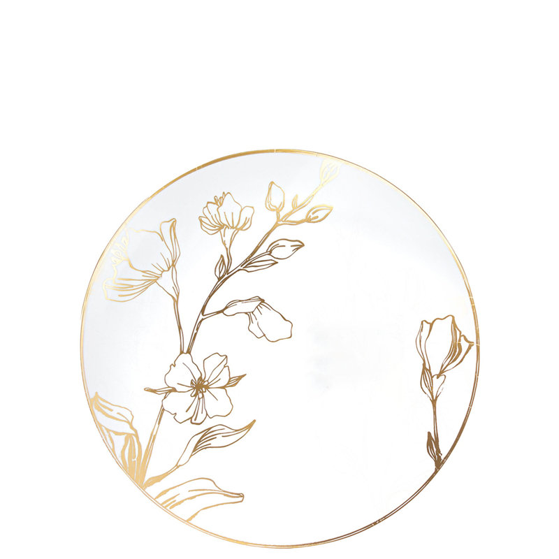Assiettes en plastique blanches rondes 7,5 pouces avec motif floral doré antique 30 invités Ecoqualité
