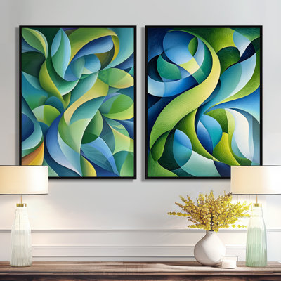 Collage de feuilles organiques vertes et bleus I - décoration murale moderne abstraite 2 pièces