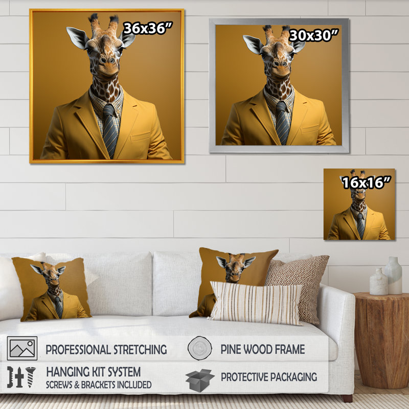 Girafe en costume, élégance - girafe, art mural, Cadre simple noir, H 16 po x l 16 po x P 1 po