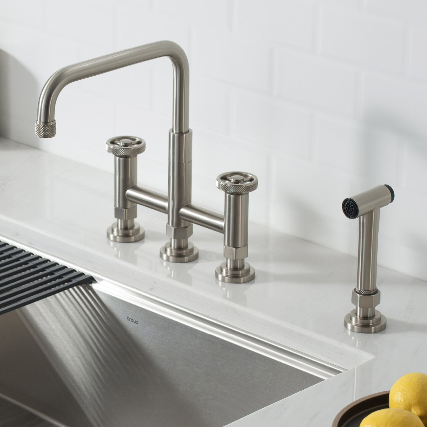 Kraus Urbix Bridge Faucet With Side Spray Included Reviews Wayfair   Urbix Bridge Faucet With Side Spray Included 