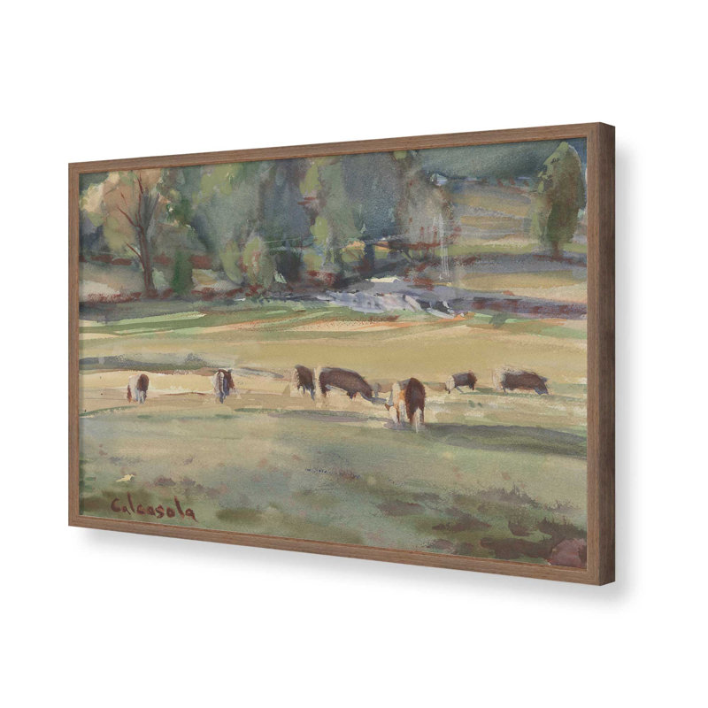 «Grazing Cows» par Stephen Calcasola, reproduction d'art, Impression sur cadre ouvert sans papier mat, Brun