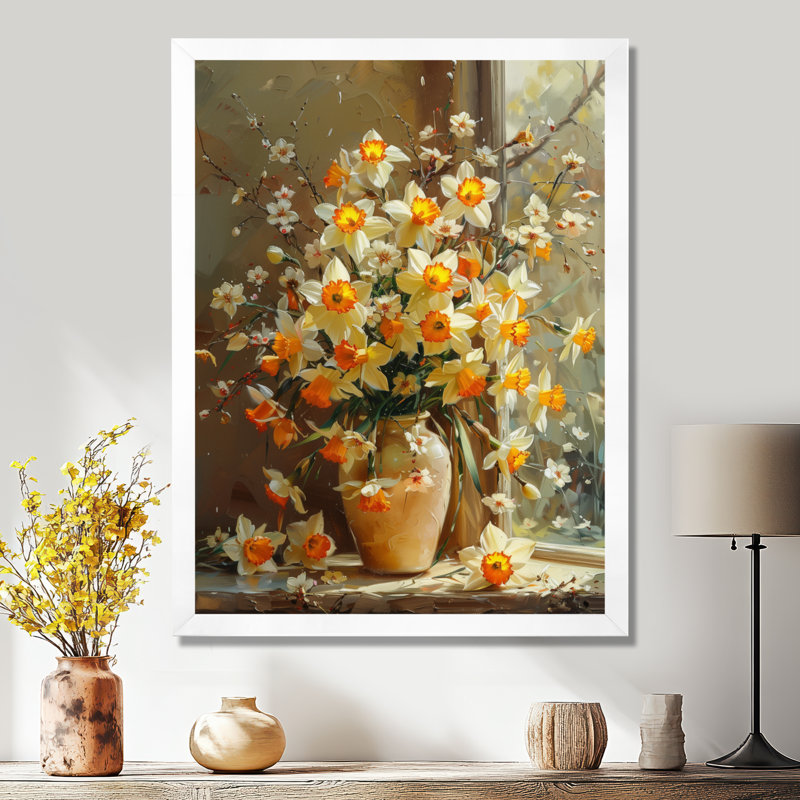 Jaune et blanc, charme féminin, jonquilles - décoration murale jonquilles, Cadre photo noir, H 24 po x l 32 po