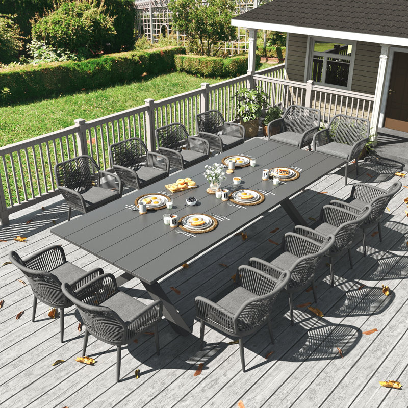 Outdoor Dining Set With Rectangular Dining Table, Dark Grey Cushion/ Grey Frame, 12, Grey