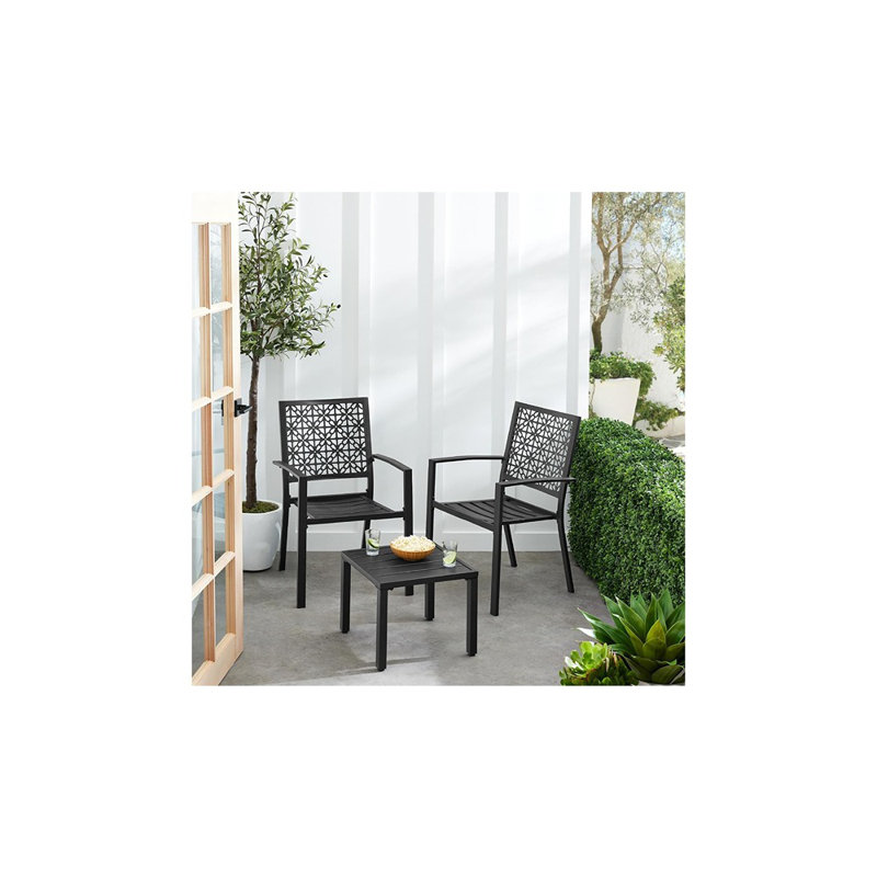 Ensemble bistro d'extérieur - Table empilable moderne en acier et 2 chaises à motif géométrique, noir