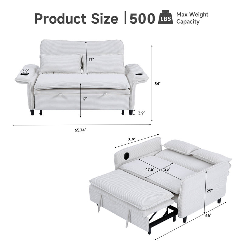 65"W Upholstered 3-in-1 Sofa Bed Convertible Sleeper with Adjustable Backrest and Armrests, White