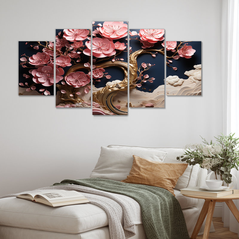 Orchidée rose et bleue Golden Garden of Branches VII - arbre, art mural sur toile