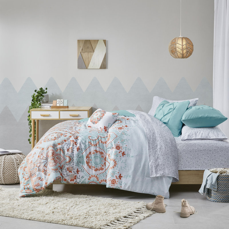 Twin Aqua and Orange Microfiber Boho Bed in a Bag Set