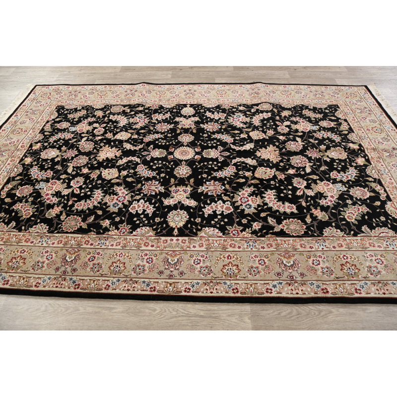Tapis noir / beige noué à la main de conception unique 5 pi 10 po x 9 pi 1 po New Age
