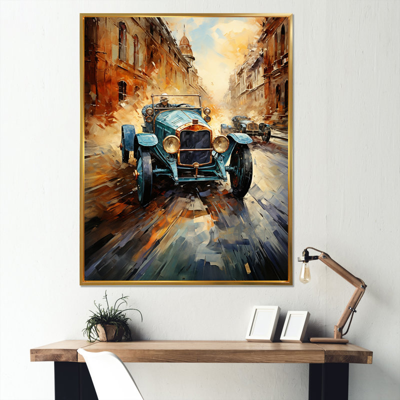 Bleu et jaune, course rétro, art mural, Cadre flottant doré, H 44 po x l 34 po x P 1,5 po