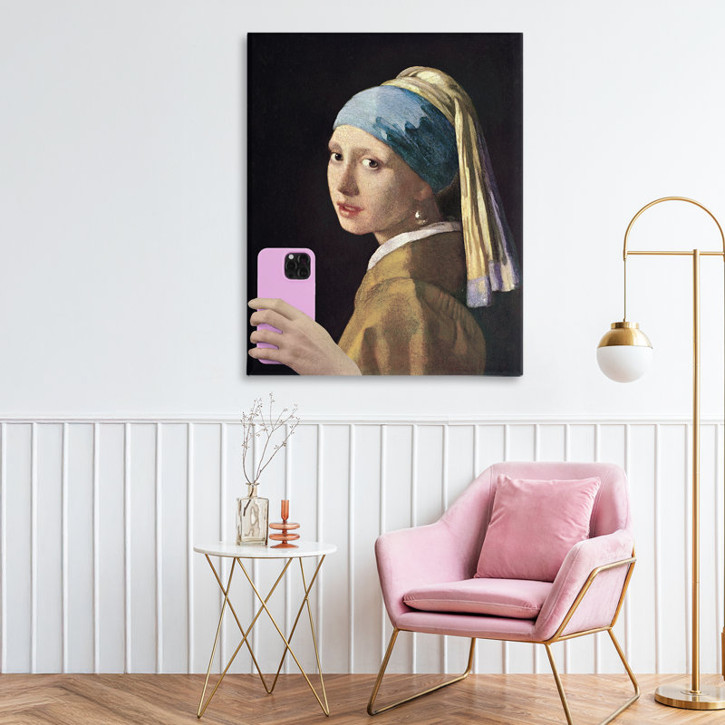 Fille avec un téléphone rose sur toile, design par les maîtres Redux, H 30 po x l 24 po