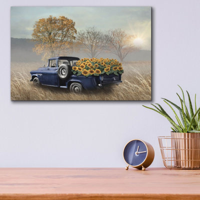 Art mural en verre épique «Sunflower Truck» par Lori Deiter, 16 po x 12 po