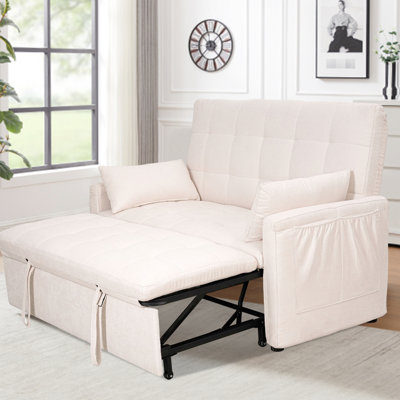 Lit convertible 2 en 1 de 61 pouces pour les espaces de vie et de chambre à coucher: réglable, poches de rangement, lin en peau de fer renforcée, mousse à mémoire de forme haute densité, plateforme double stable, conception sans accoudoirs