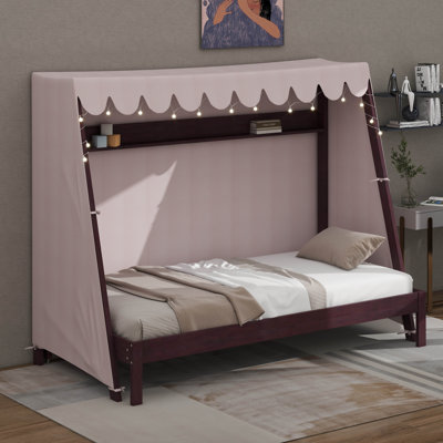 Lit simple TG, lit gigogne en bois de pin, cadre de lit, lit pour enfant avec tente écossaise rose, lumière DEL, tablette, lit gigogne escamotable