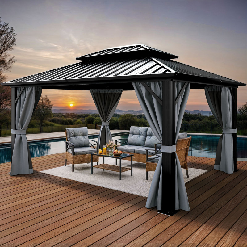 Outdoor Metal Hardtop Patio Gazebo with Privacy Curtain and Mosquito Netting, 11.5 ft x 10 ft