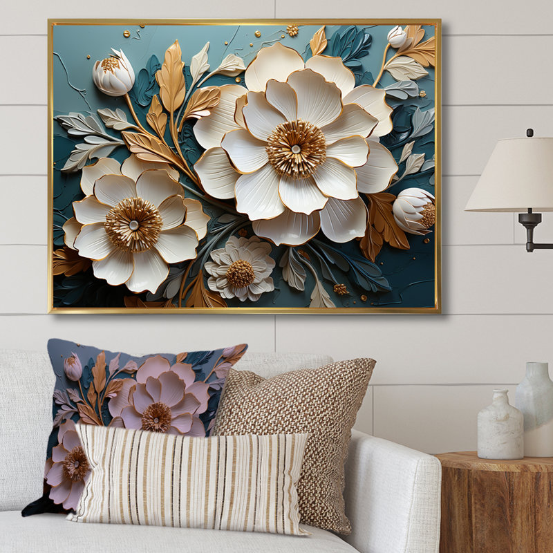 Blanc et bleu, charmante fleur printanière élégance III - fleurs, art mural, Cadre flottant doré