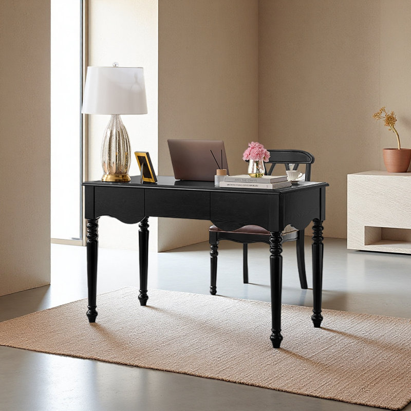 Bureau en bois d'hévéa massif noir mat, H 30,70 po x l 51,18 po x P 23,62 po