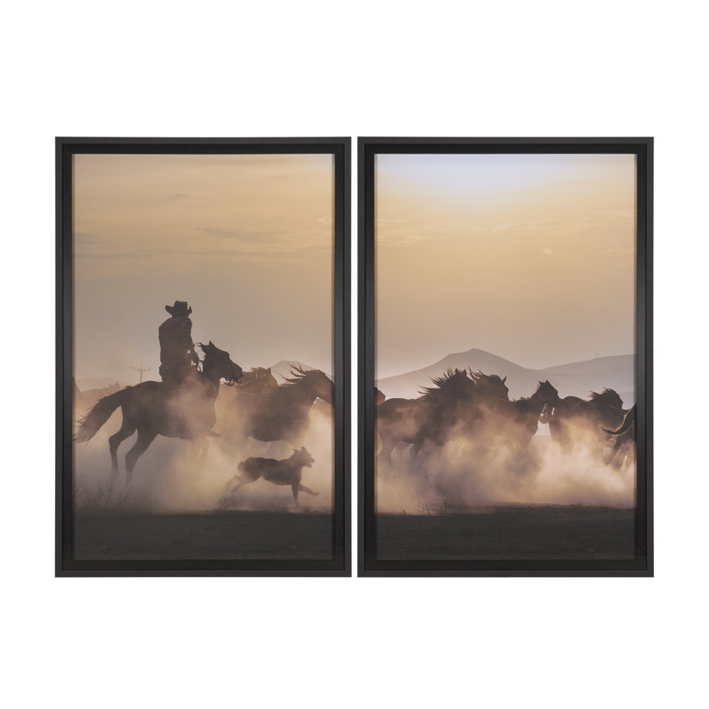 «Dusty Herd Chase (lot de 2)» par Ismail Atabek, reproduction de photo encadrée sous verre