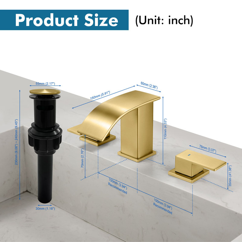 Widespread 2-handle Bathroom Faucet with Drain Assembly, Brushed Gold