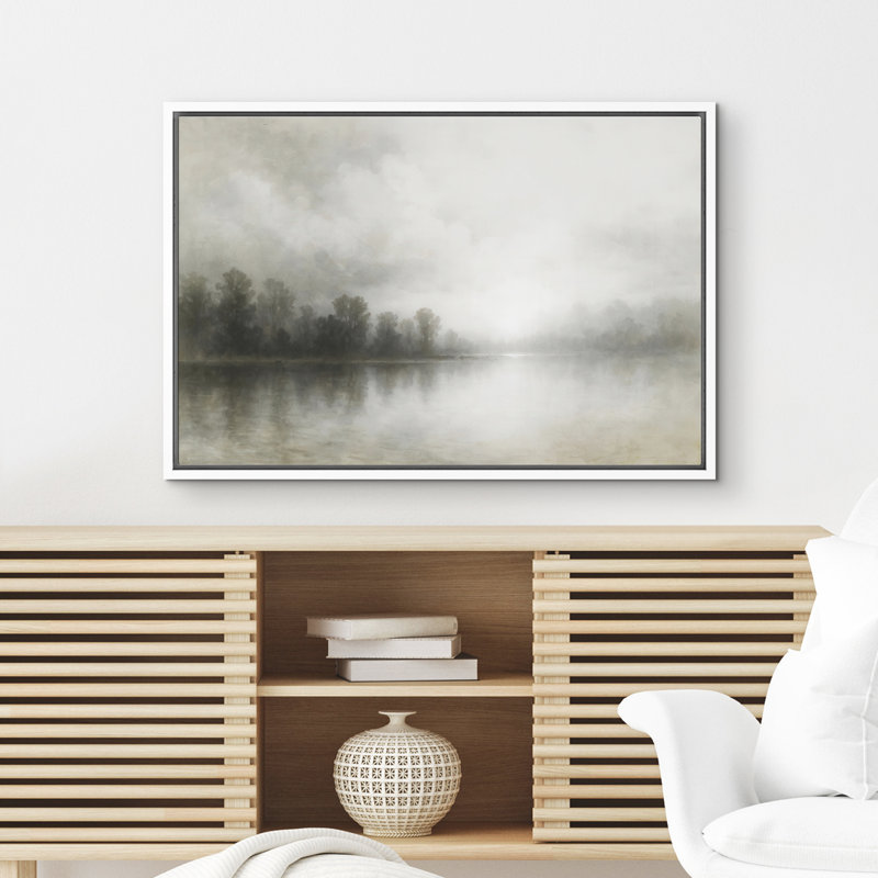 Bright Misty Forest Lake with Morning Light Reflection Framed Canvas Master Bedroom Wall Art Work Print, White