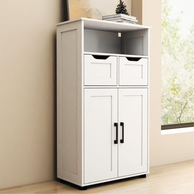 Double-door Storage Unit With Adjustable Shelves, Drawers, And Open Shelving For Home Office Living Room, White Design, 42.41 In Tall Stylish Functional Cabinet Shelves Room Display, Finish