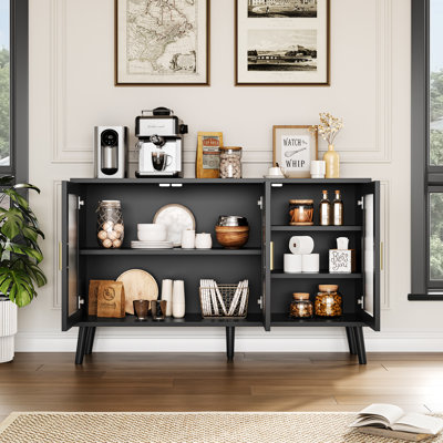 48 in Large Sideboard Cabinet with 3 Fluted Glass Doors, Black Cabinet