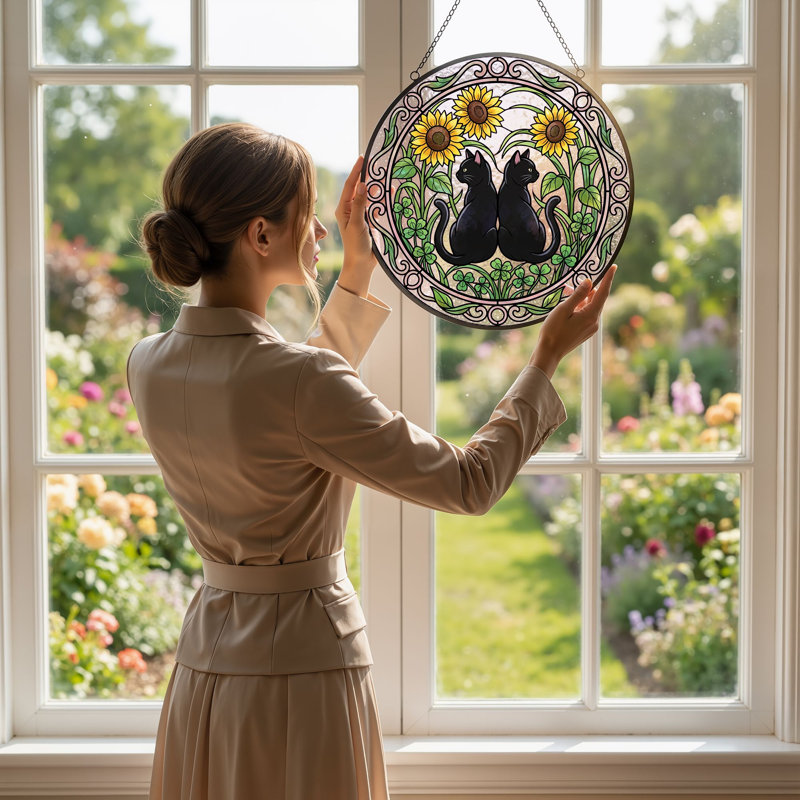 Panneau de vitrail Black Cats Sunflowers - 7,8H, H 7,8 po