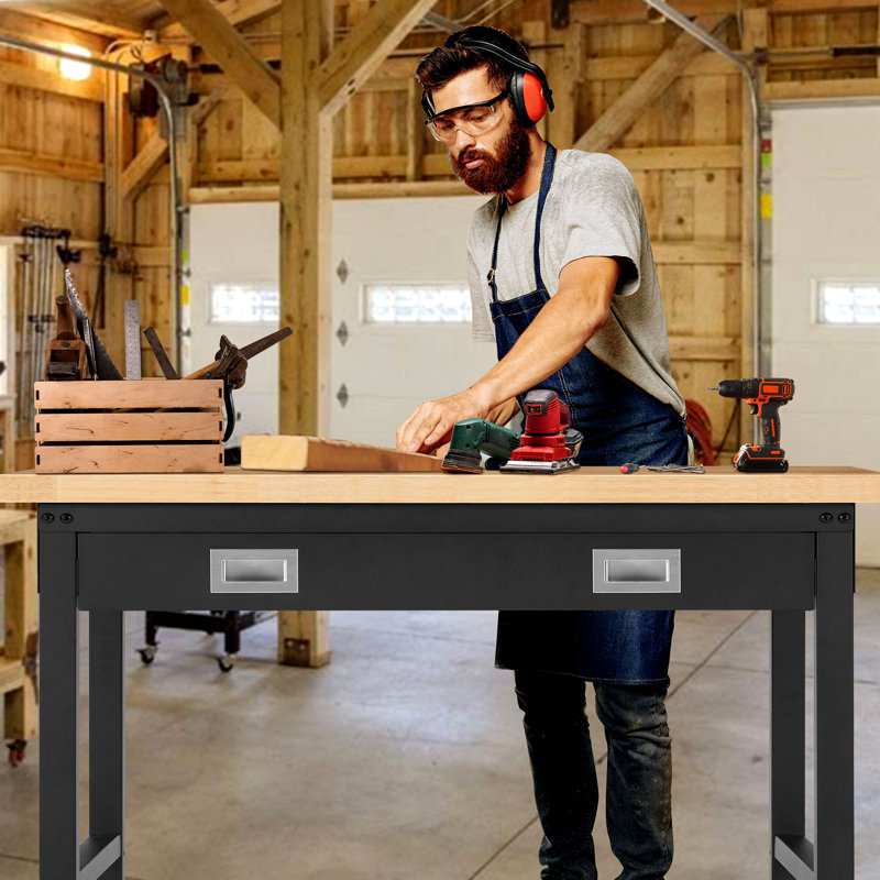 Établi réglable de 48 po avec rangement de tiroir, poste de travail robuste de 2000 lb avec prises de courant, table de travail en bois d'hévéa pour garage, bureau, atelier, commercial