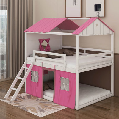 Full Size Bunk Wood House Bed With Windows, Sills And Tent