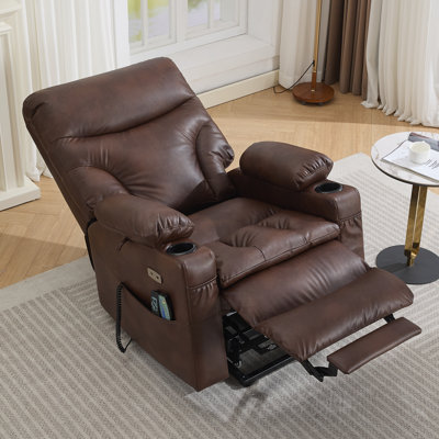 Fauteuil inclinable électrique de 37,5 po de large avec chauffage et massage, similicuir, port USB et porte-gobelets