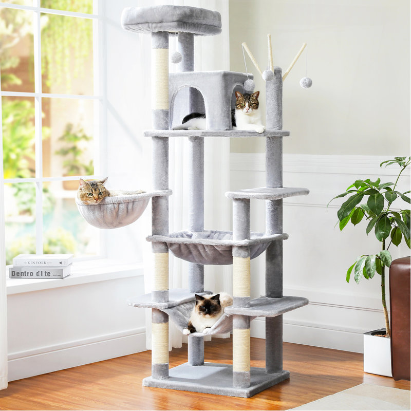 Arbre à chat de 69 pouces de hauteur pour grands chats d'intérieur, comprenant un très grand hamac, des poteaux à griffer et une maisonnette