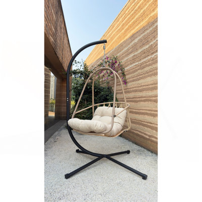 Fauteuil à œufs pivotant avec support Fauteuil suspendu en osier de rotin pour l'intérieur et l'extérieur avec support de type C, avec coussin et oreiller