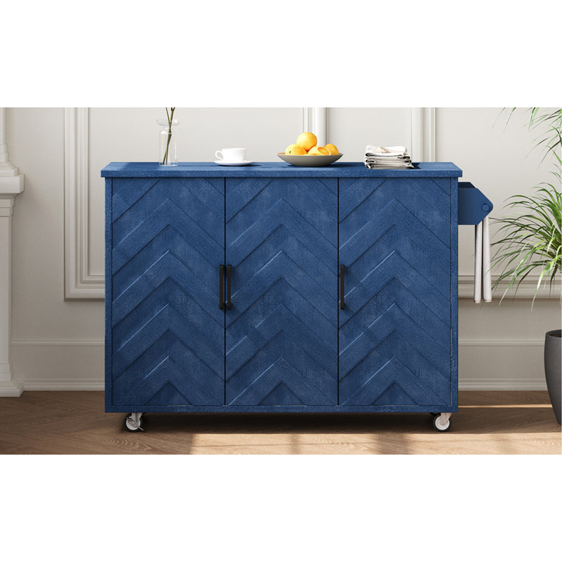 Versatile 3D Wave Stripes Ash Veneer Kitchen Island With Practical Features, Navy Blue