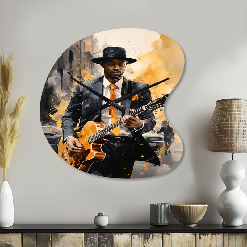 Jaune jaune noir New York Harlem Jazz I - horloge murale en métal de forme unique New York, impression d'horloge murale asymétrique traditionnelle