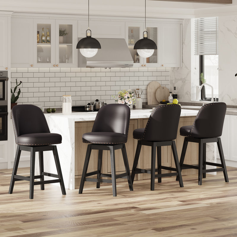 Vintage Upholstered Swivel Bar Stool with Solid Wood Legs, Black