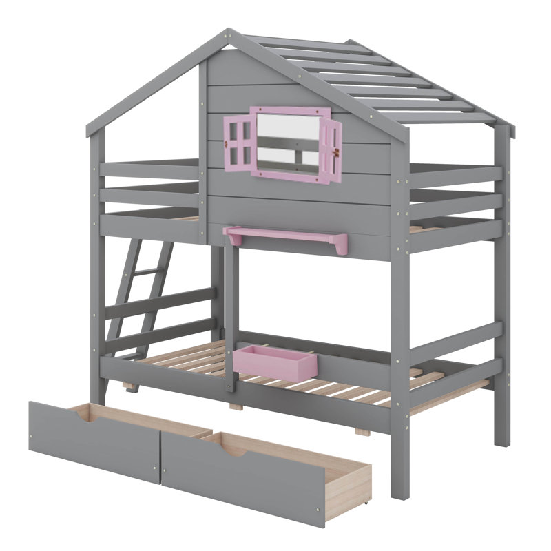 Lit superposé simple avec deux tiroirs intégrés fonctionnels, Gris