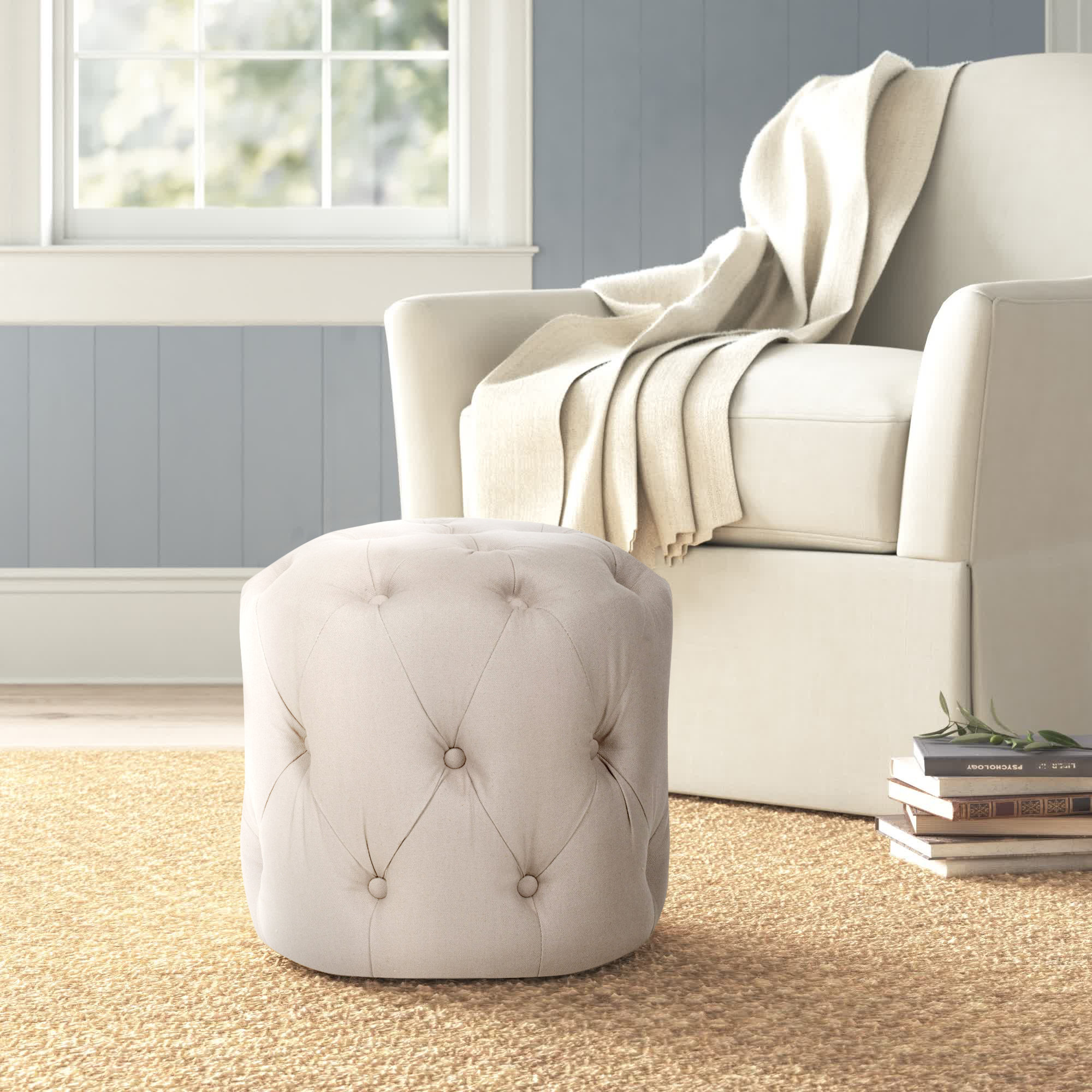 Burnes Upholstered Ottoman, Beige Linen