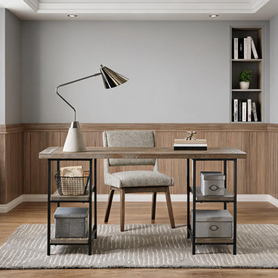 60-Inch Computer Desk with Open Shelving in Industrial Style, Gray-Toned Solid Wood and Black Steel