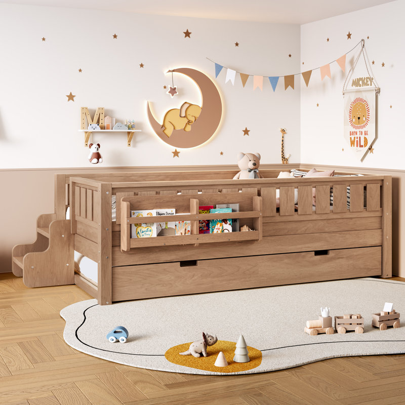Lit gigogne simple pour enfants avec bibliothèque, escalier et rails de sécurité, Naturel