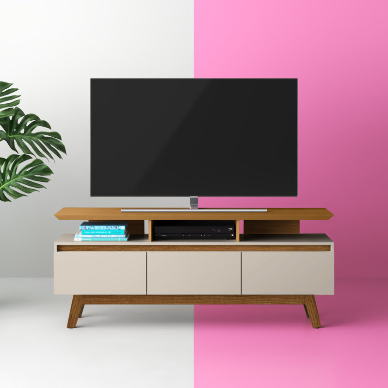 Meuble télé moderne blanc cassé et naturel Yonkers, Blanc cassé / Cannelle, H 25,79 po x l 62,99 po x P 14,76 po